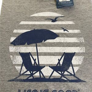 Life Is Good Gray Tee with Blue Beach Graphic,size LG